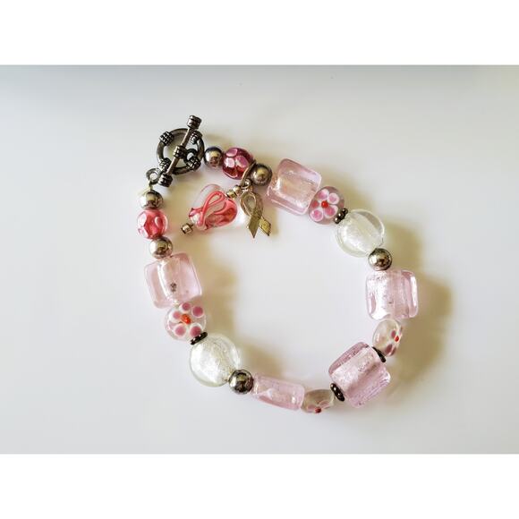 Pink Breast Cancer Awareness Glass Beaded Bracelet - Picture 2 of 6